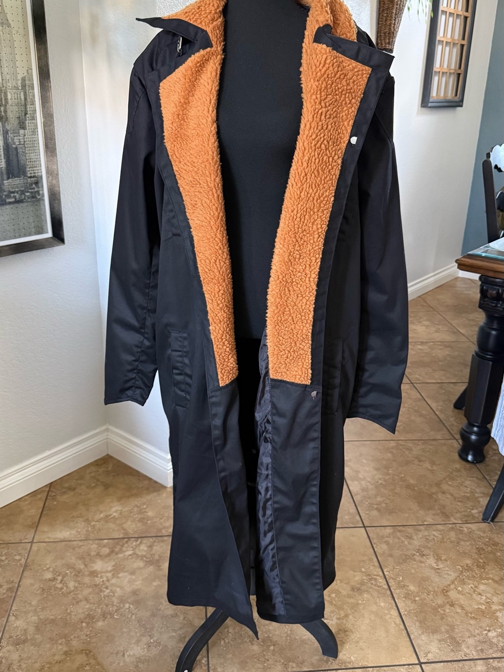 Custom blade runner 2049 Men's Black Trench Coat with Rust Sherpa-Lined Interior